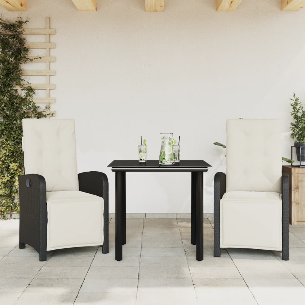 3-tlg. Bistro-Set mit Kissen Schwarz Poly Rattan